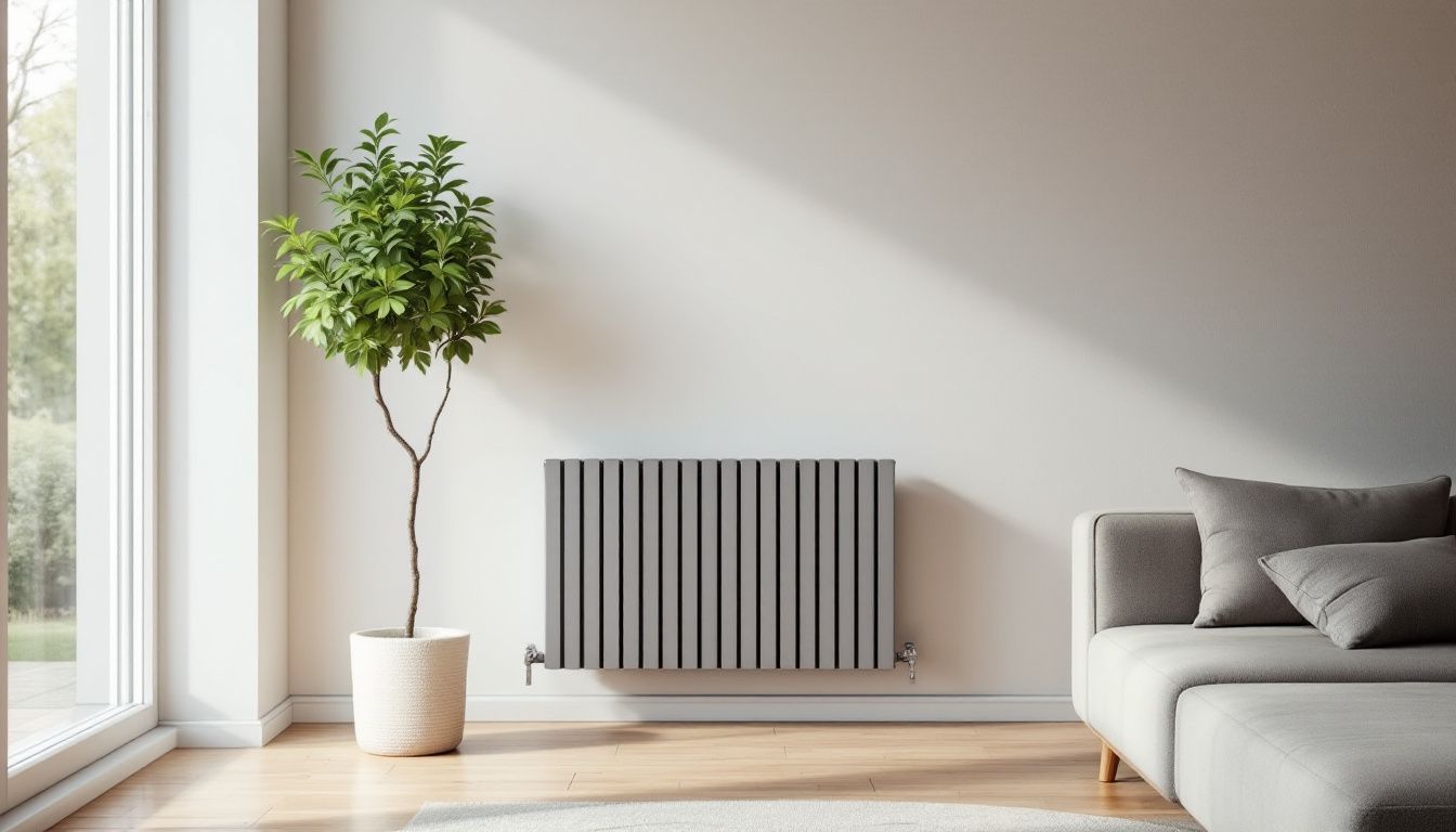 A modern living room with a stylish, smart electric designer radiator.