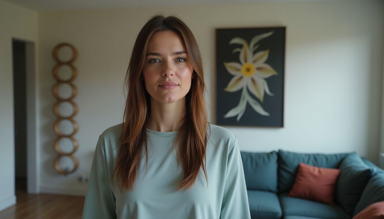 A woman standing in a modern living room with sleek radiators.