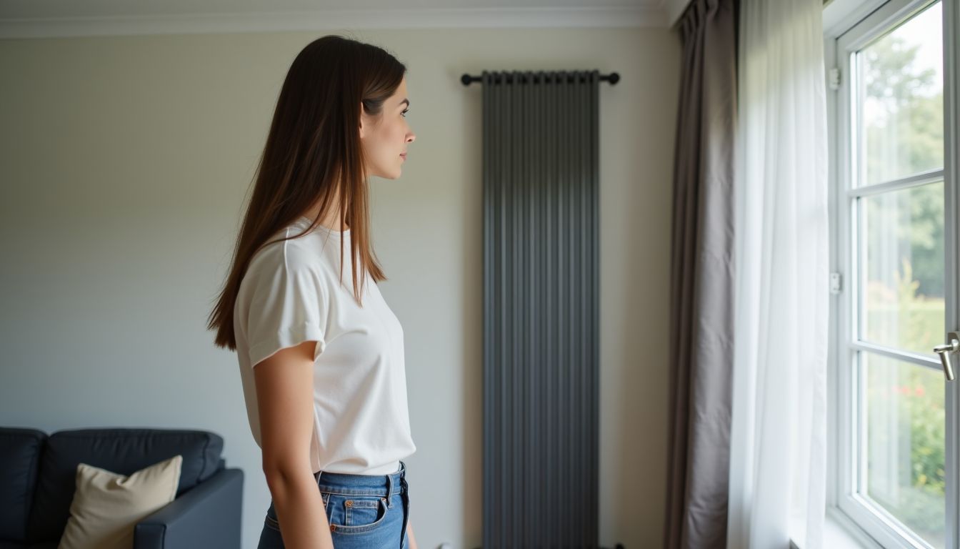 A woman in her 30s standing in a living room with a modern radiator.