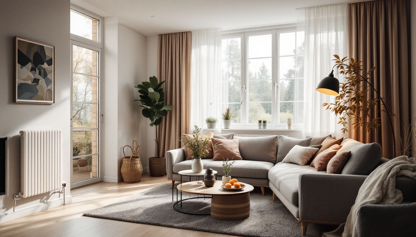 A modern living room with stylish designer radiators as part of a smart home system.