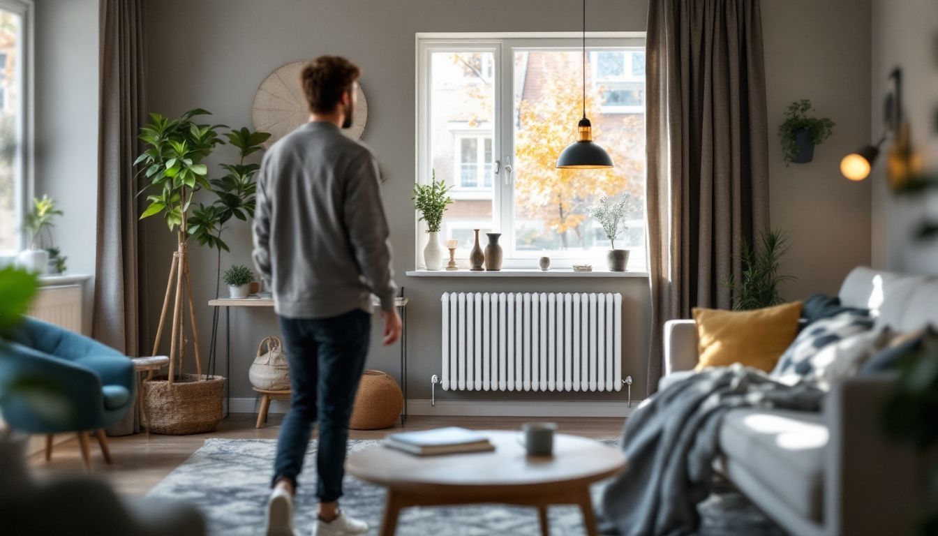 A modern smart home system with stylish designer radiators in a living room.