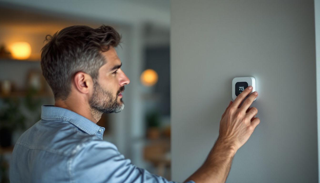 A person adjusting a smart thermostat in a modern living room.