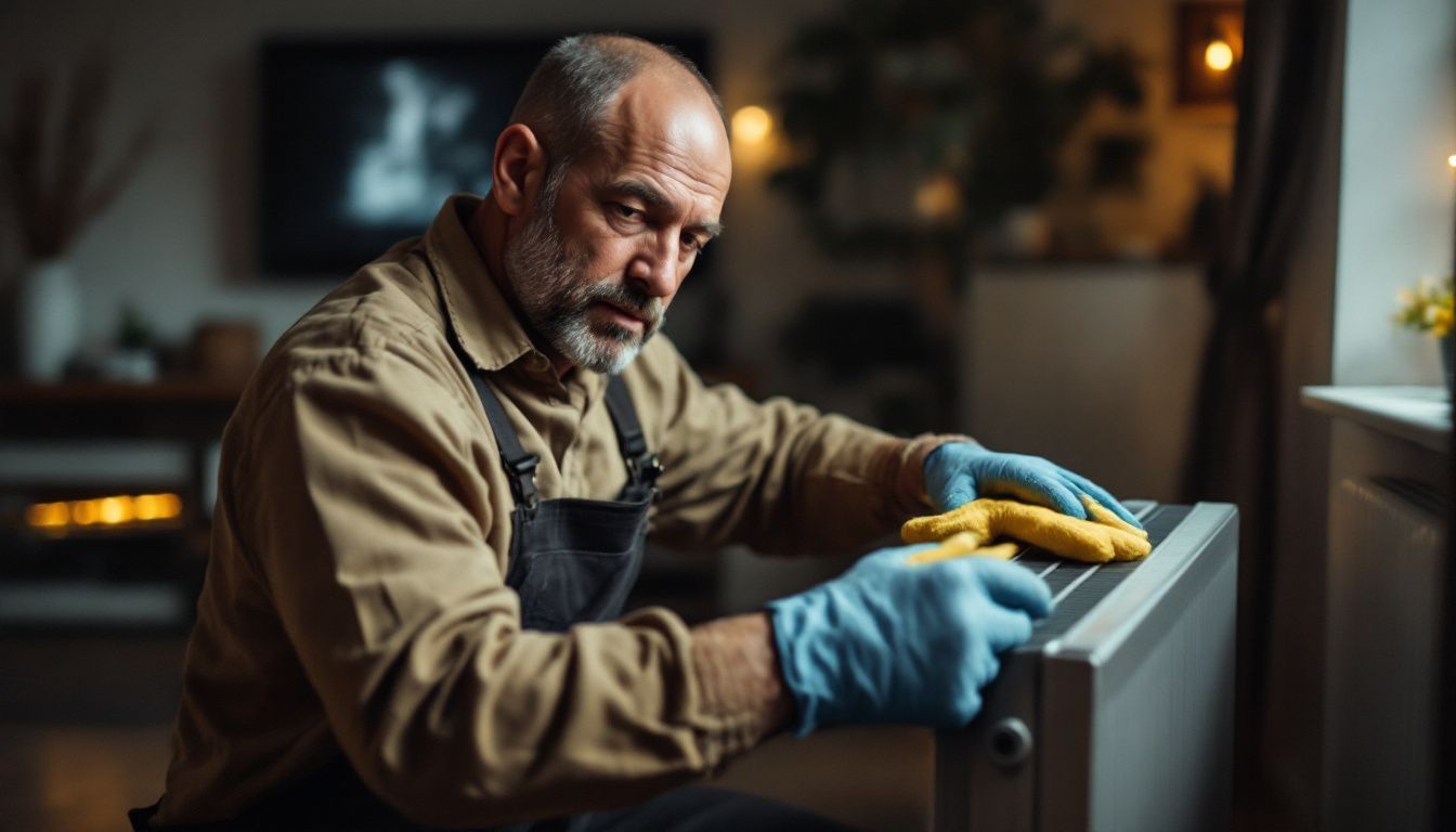 A man cleans designer radiators in a cosy living room.