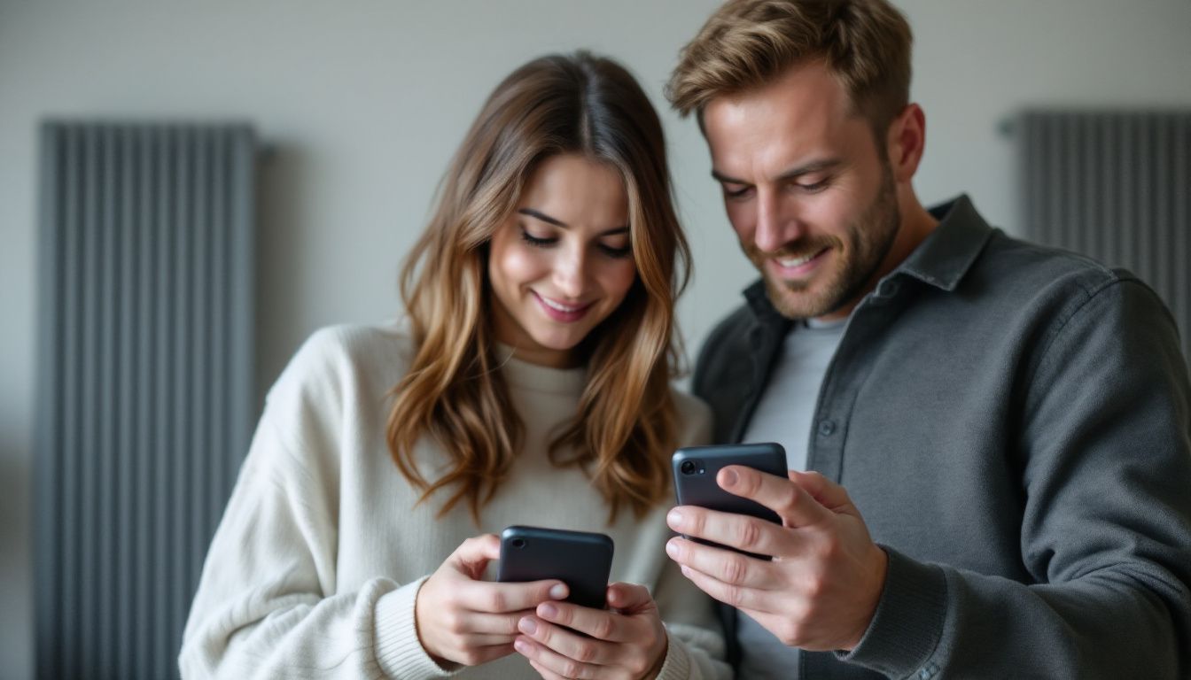 A couple in their mid-30s adjusting smart home heating controls.