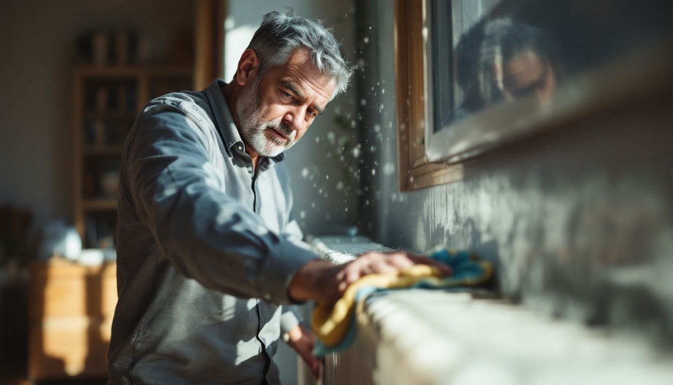 A middle-aged person is cleaning a dusty radiator in a living room.