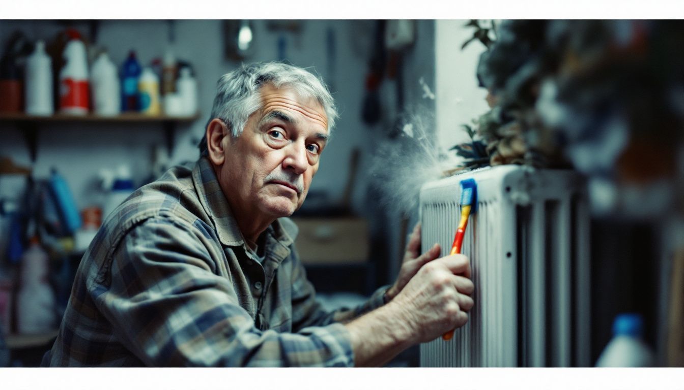 A person is cleaning a dusty radiator with a toothbrush.