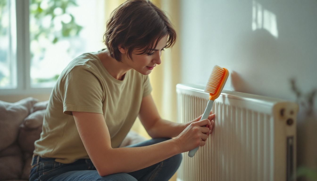 A person cleaning radiator fins to improve energy efficiency in a living room.