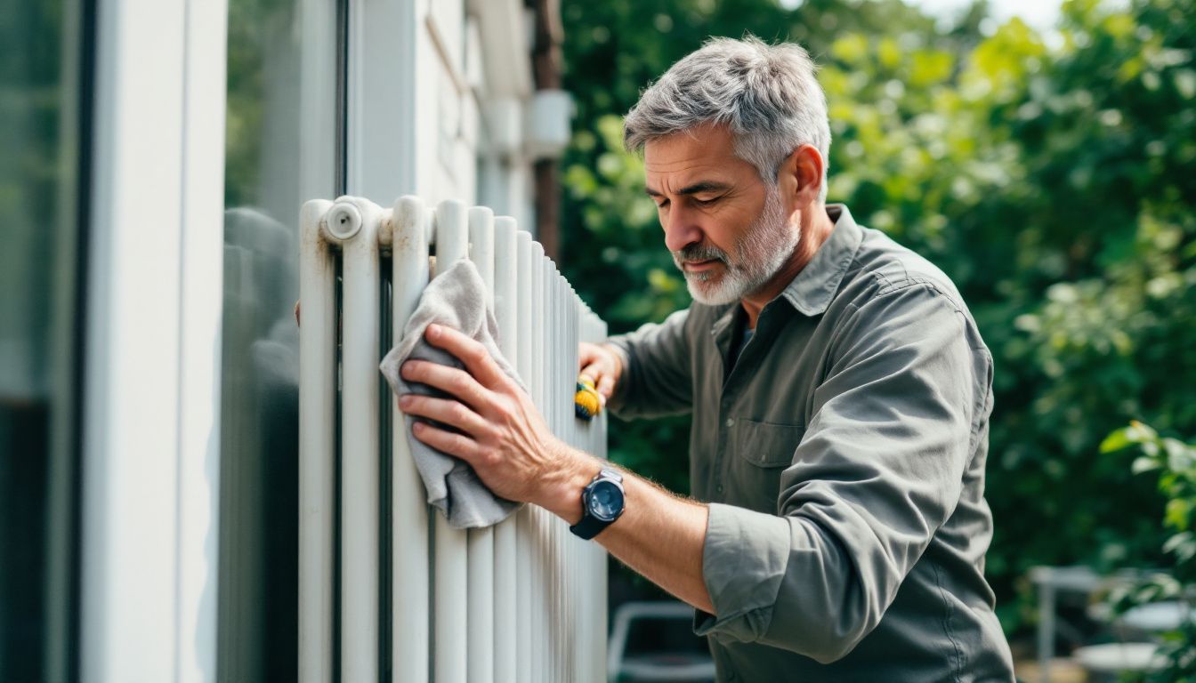 A person cleaning a dusty column radiator outside their home.