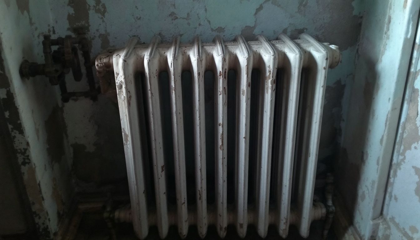 An old, neglected radiator in a dim, worn-out room.