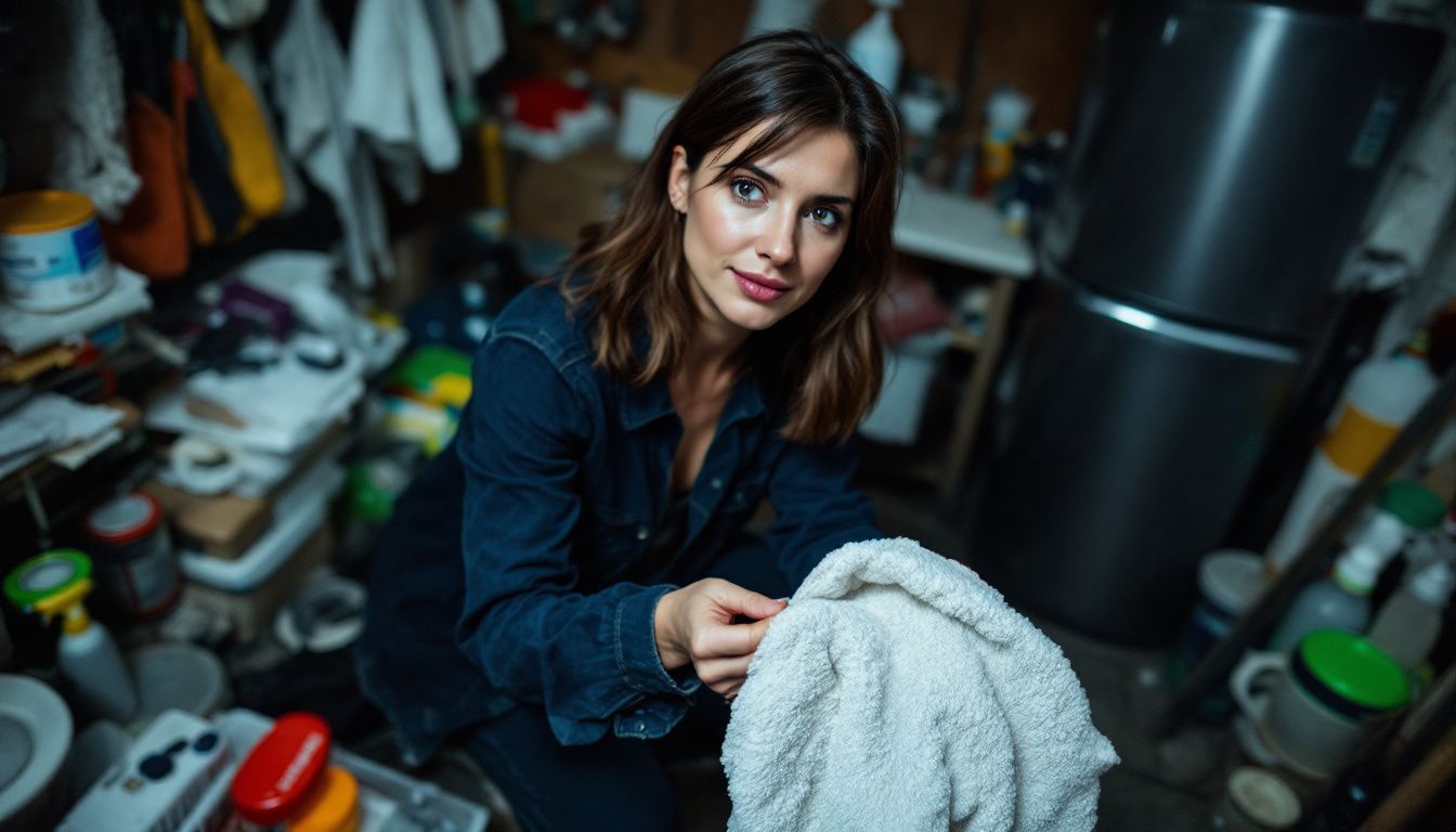 A woman in her thirties is gathering cleaning supplies in a cluttered utility room.