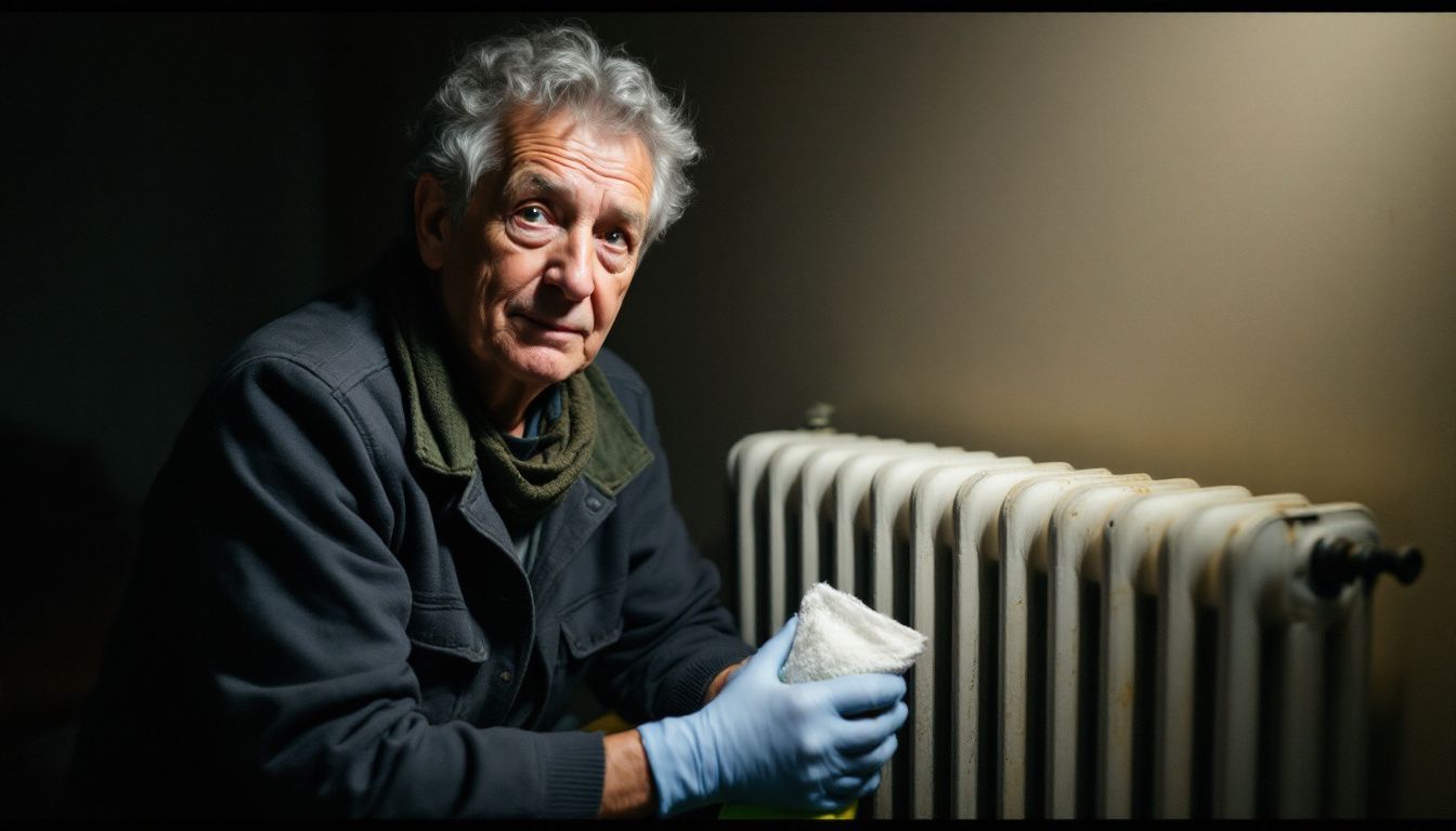 A middle-aged person gathers cleaning supplies next to an old radiator.