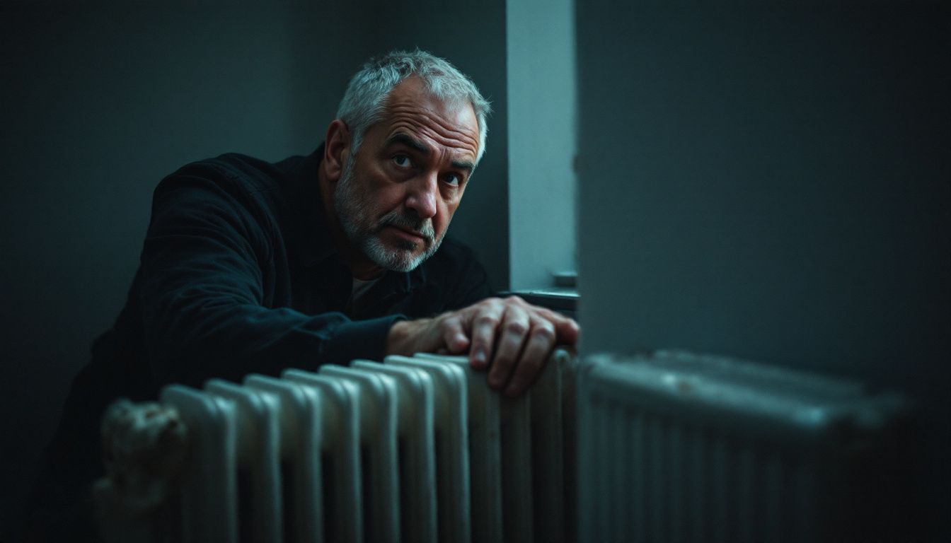 A man turning off the heating system in a dimly lit room.