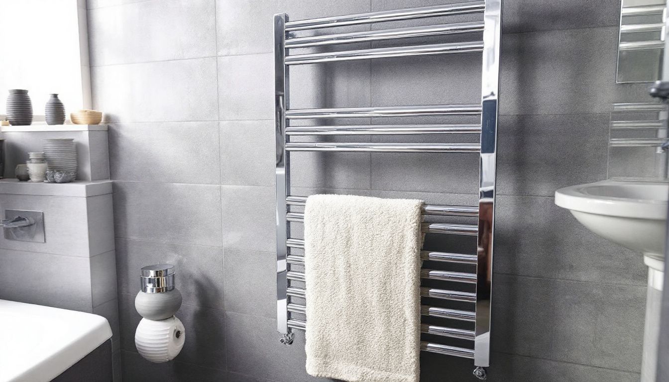 A modern bathroom with a £137 Lux Heat towel radiator.