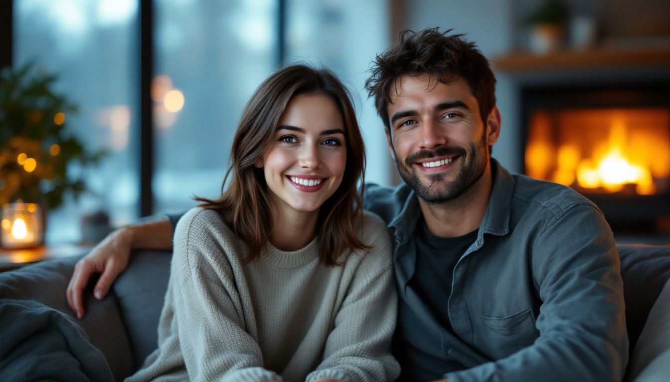 A couple enjoying a cozy evening by the fireplace in a modern living room.