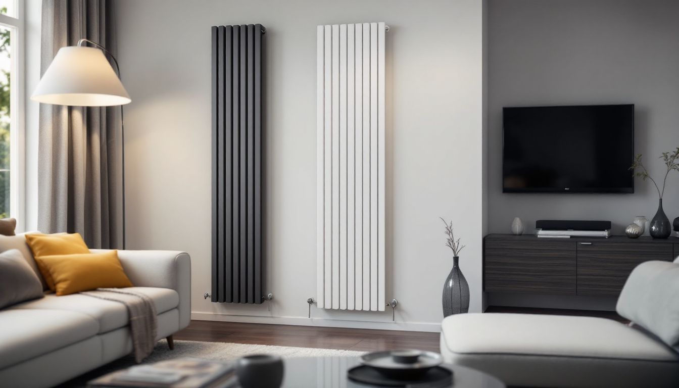 A stylish vertical designer radiator enhances a modern living room.