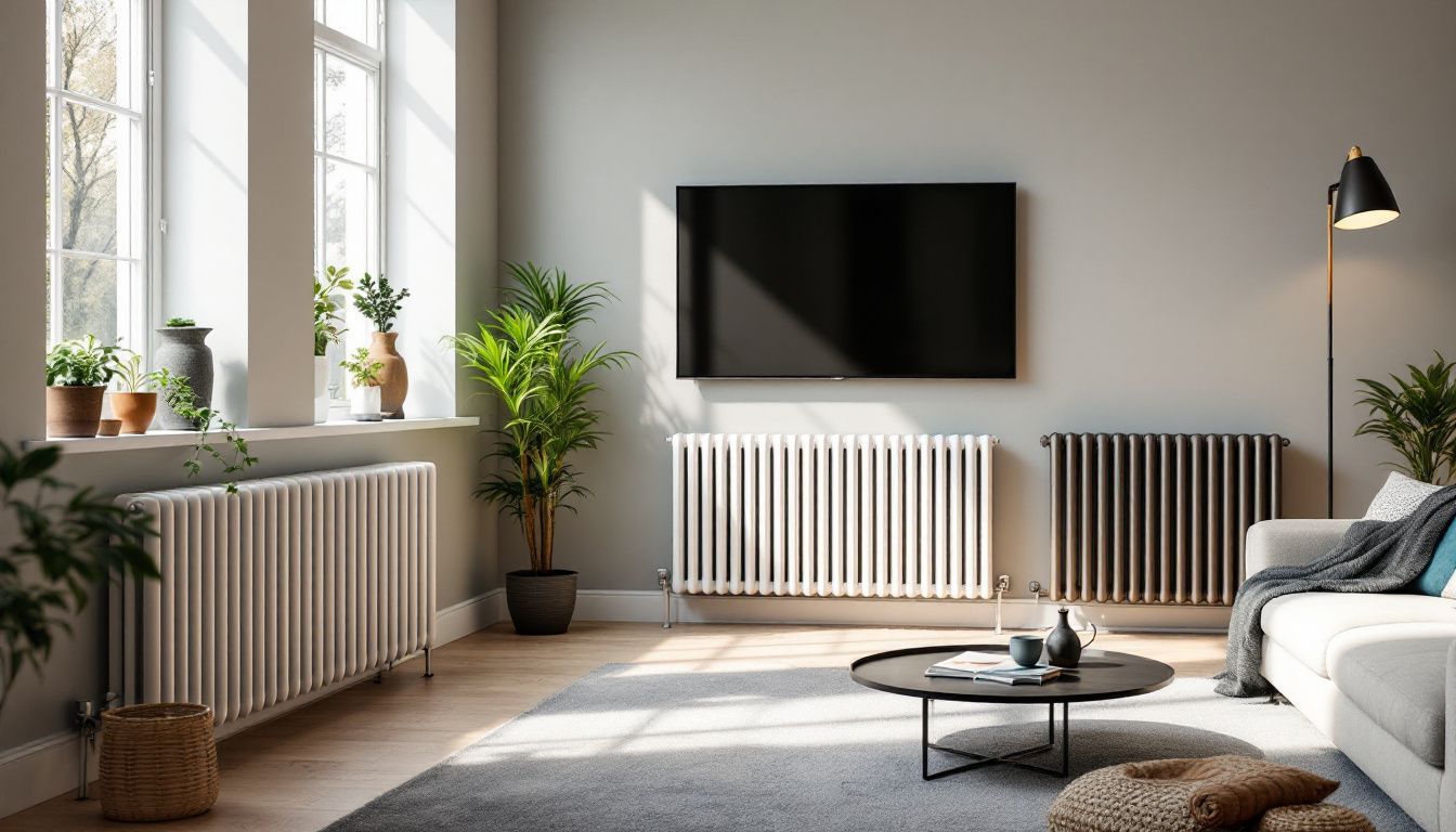 A modern living room with designer radiators in steel, aluminum, and cast iron.