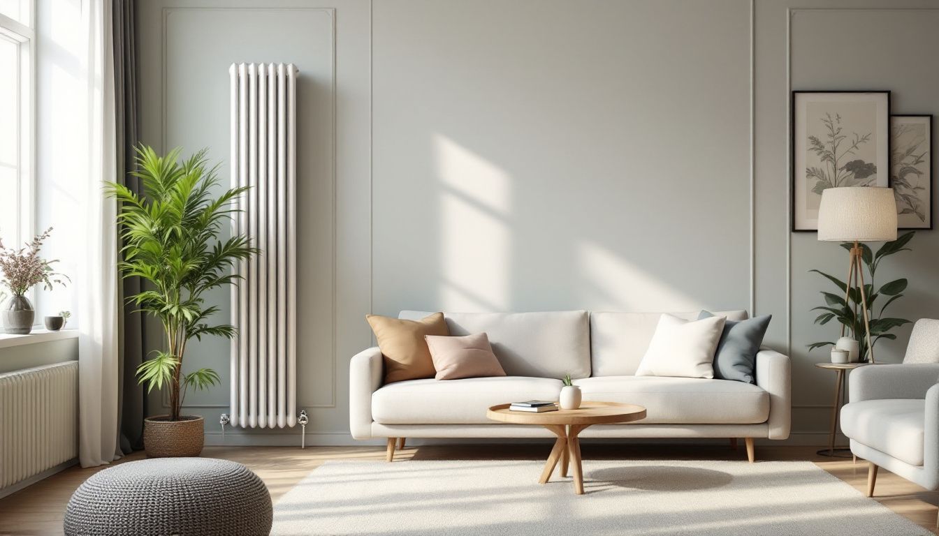 A modern living room with a stylish oriental-style radiator.