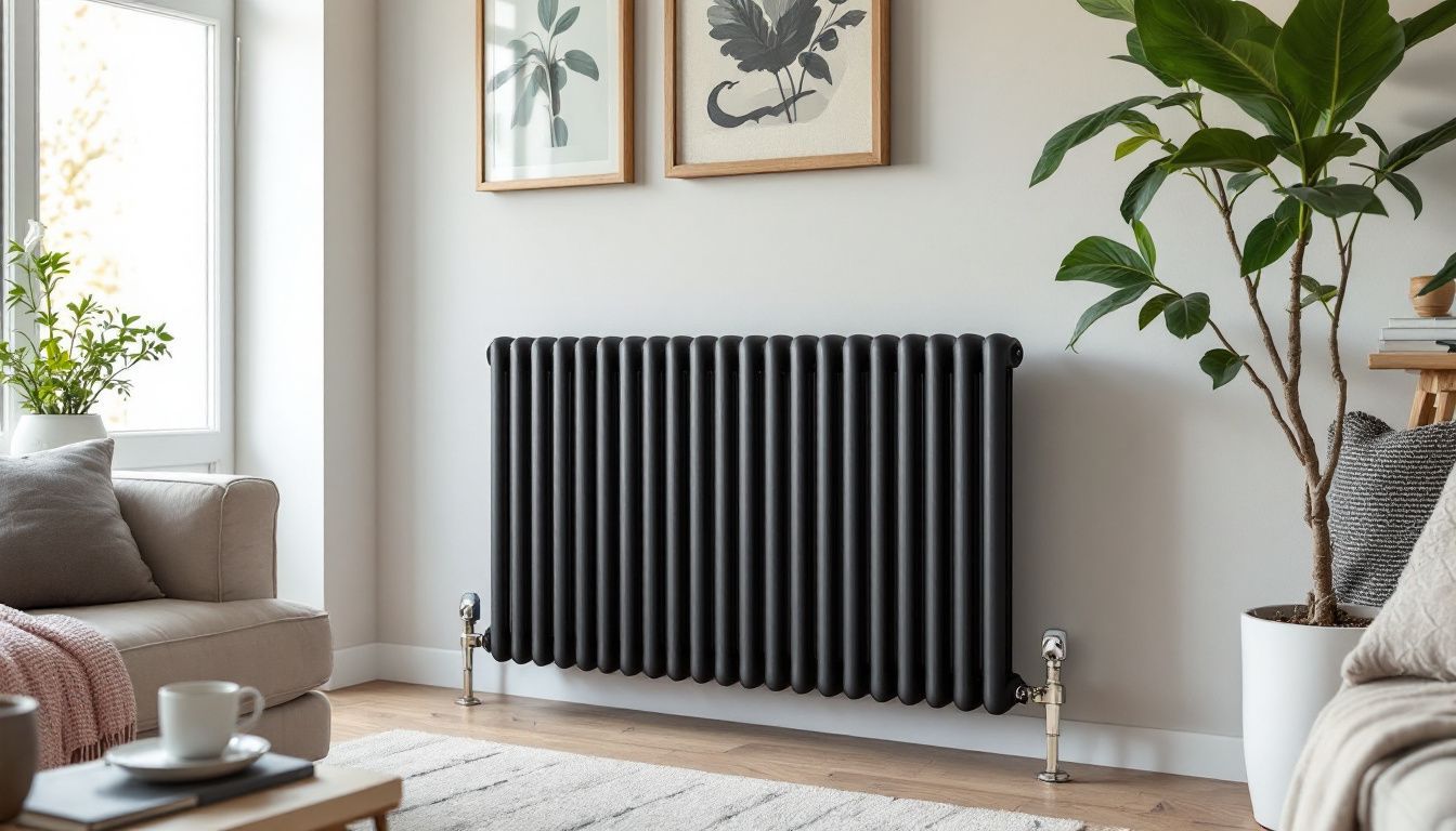 A stylish black designer radiator complements the neutral, cozy living room decor.