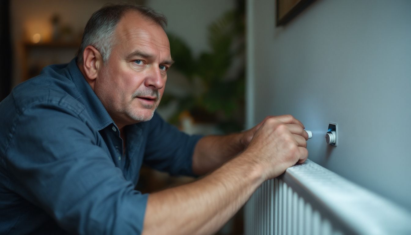 A middle-aged man bleeds air out of a radiator in a living room.