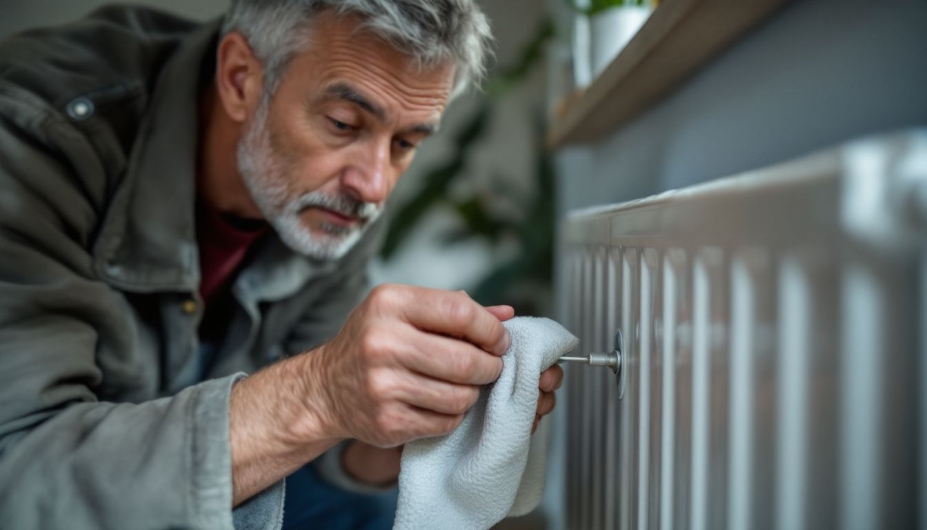 A person bleeding a radiator in a simple living room setting.