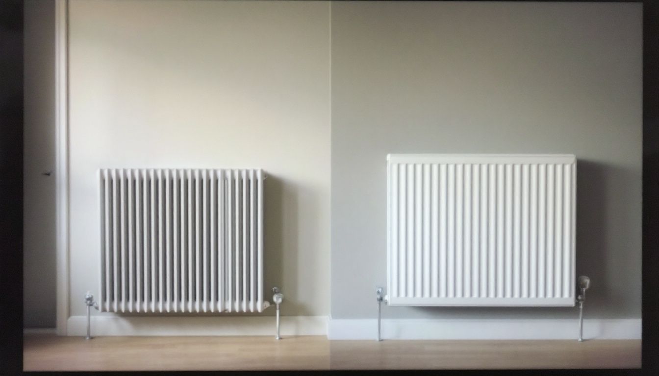 The image shows two types of radiators in a home setting.