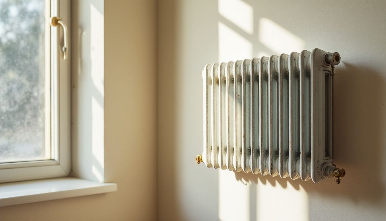 A worn designer radiator mounted on a unevenly painted wall.