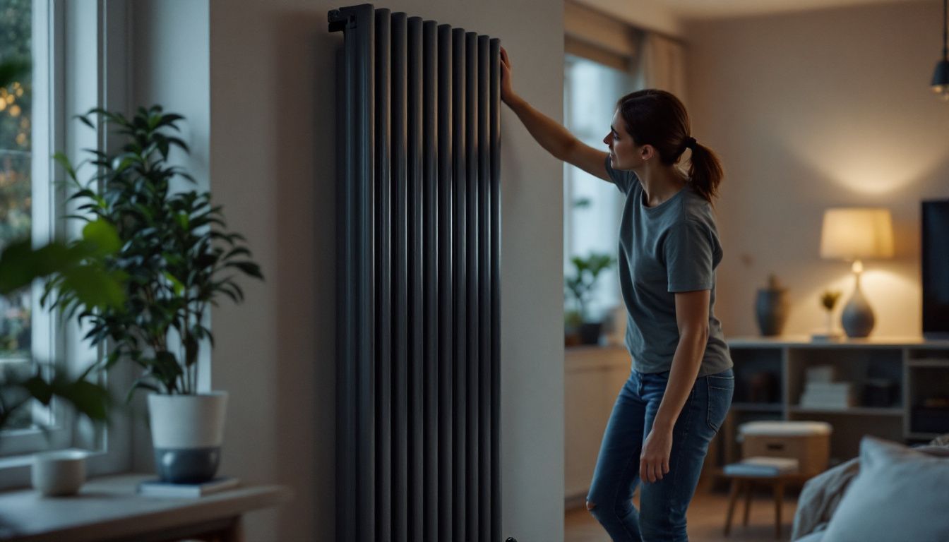 A couple in their 30s installing a modern radiator in a living room.