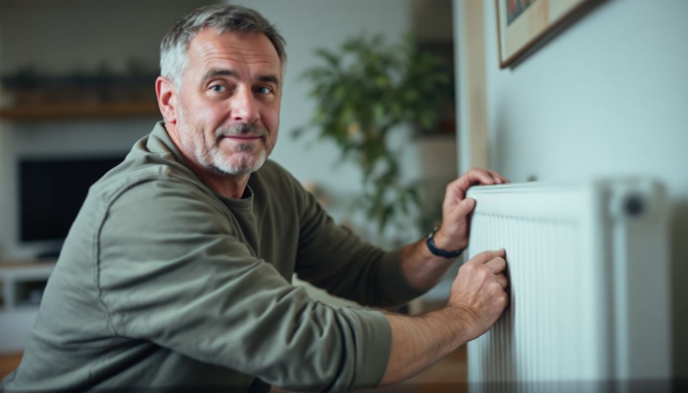 A man in his 40s is installing smart radiator valves.