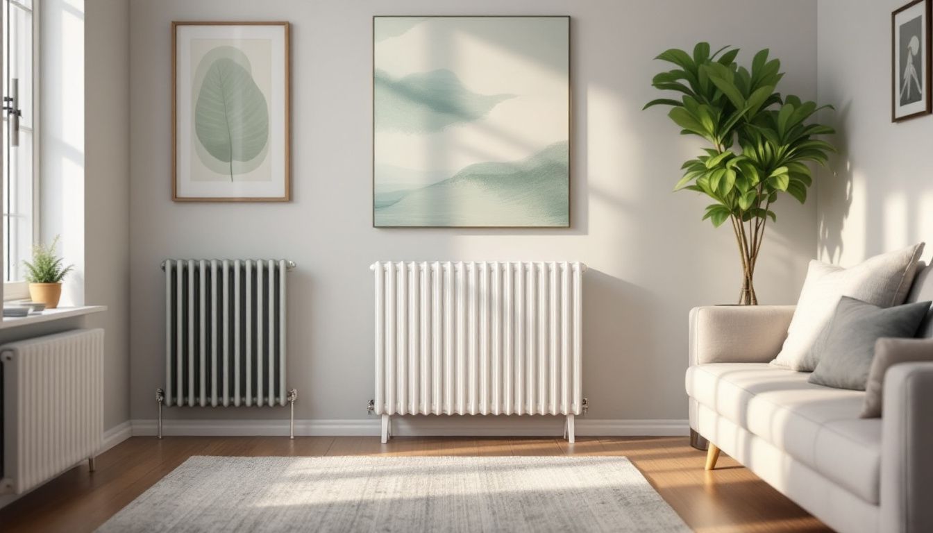 Different styles of radiators displayed in a modern living room setting.