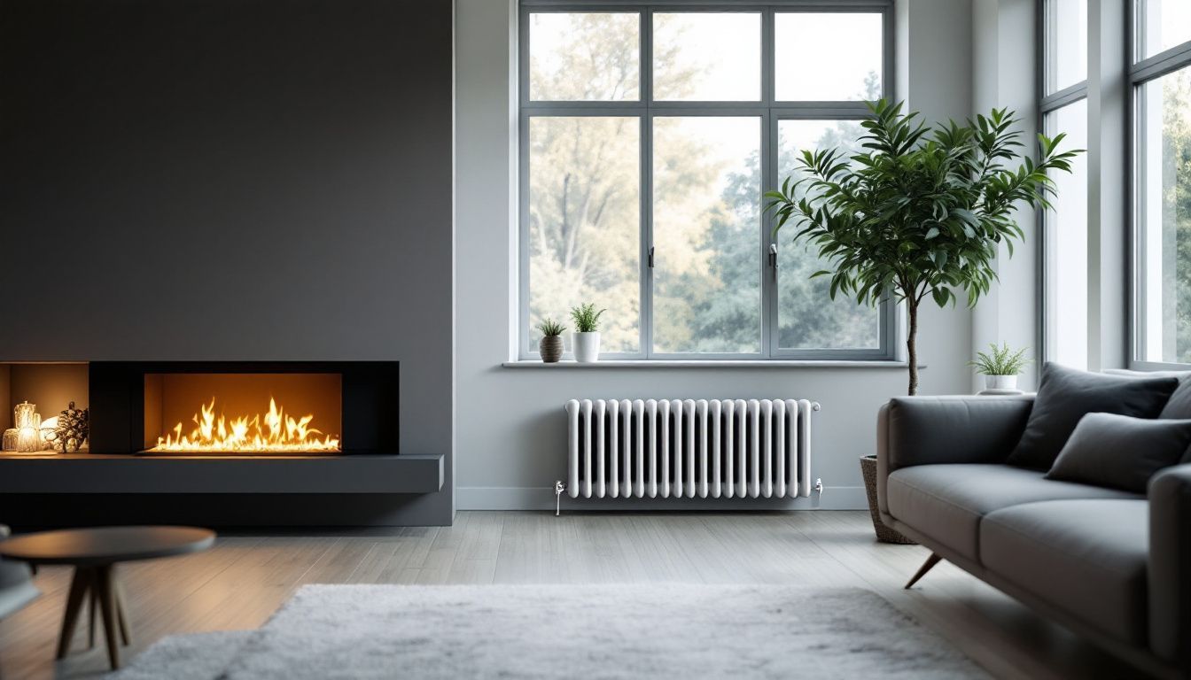 The modern living room features a stylish designer radiator as a focal point.