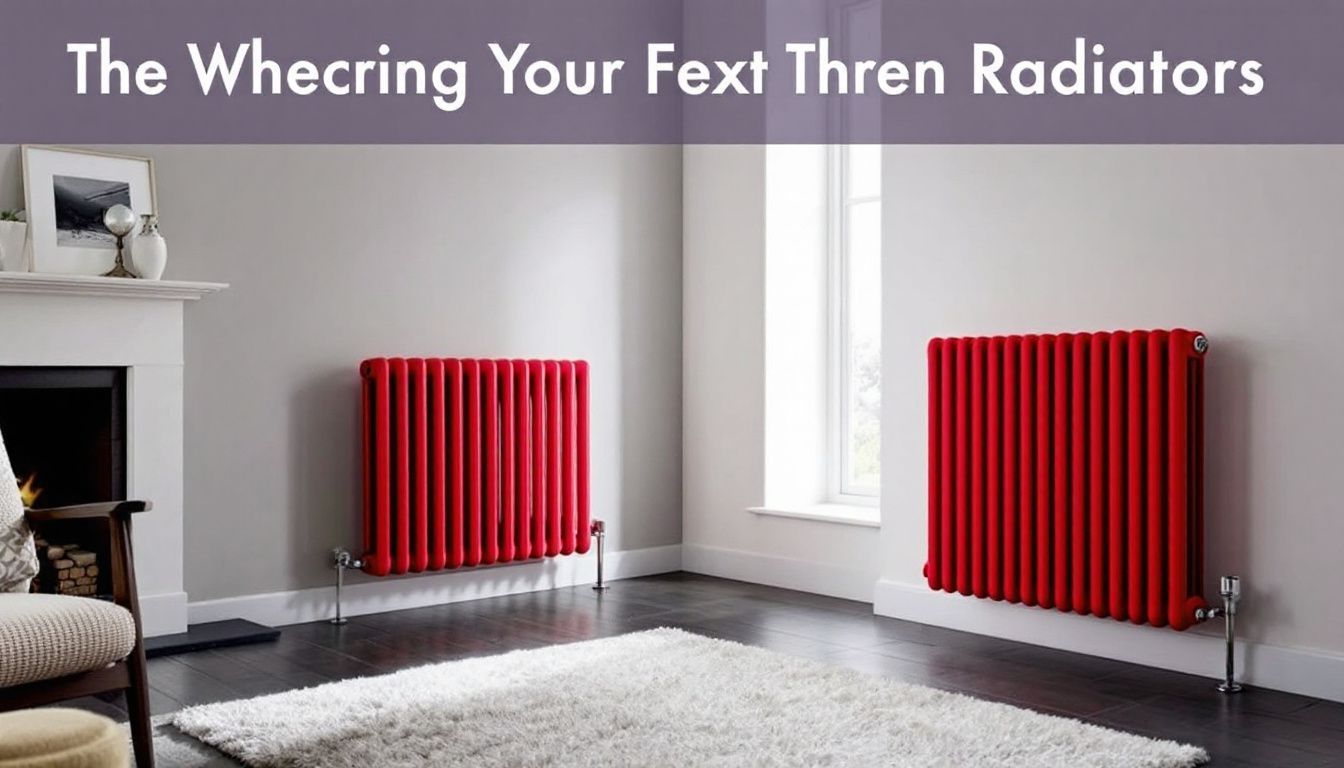 A modern living room with a bold Booth Red radiator.