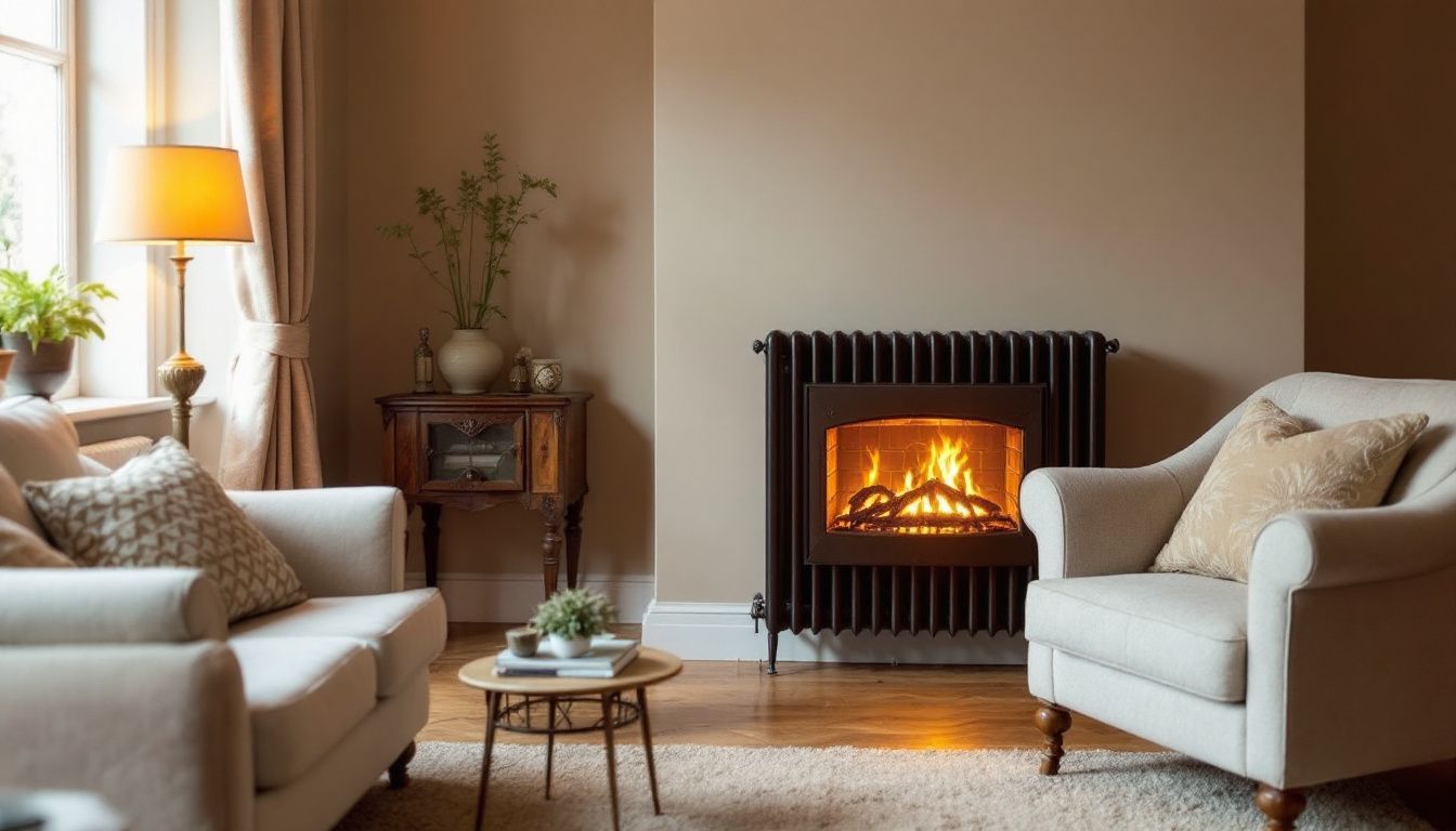 A cozy living room featuring a Bronze Beauties radiator as the focus.