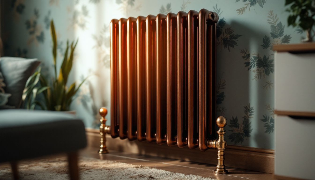 A close-up of a cozy copper radiator against a wallpapered wall.