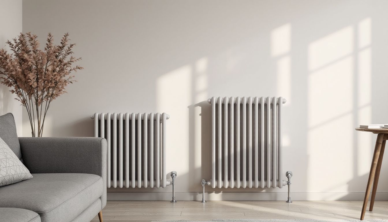 A modern living room with sleek radiator and eco-friendly heating.