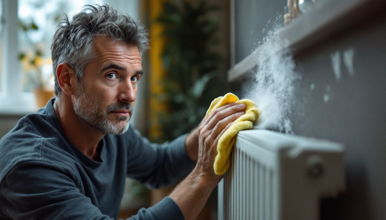 A man cleans dust off a radiator in a cozy living room.