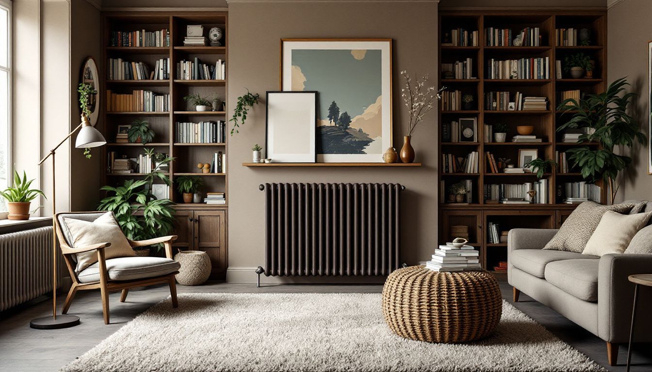 A modern living room with a large Elk Brown radiator as a centerpiece.