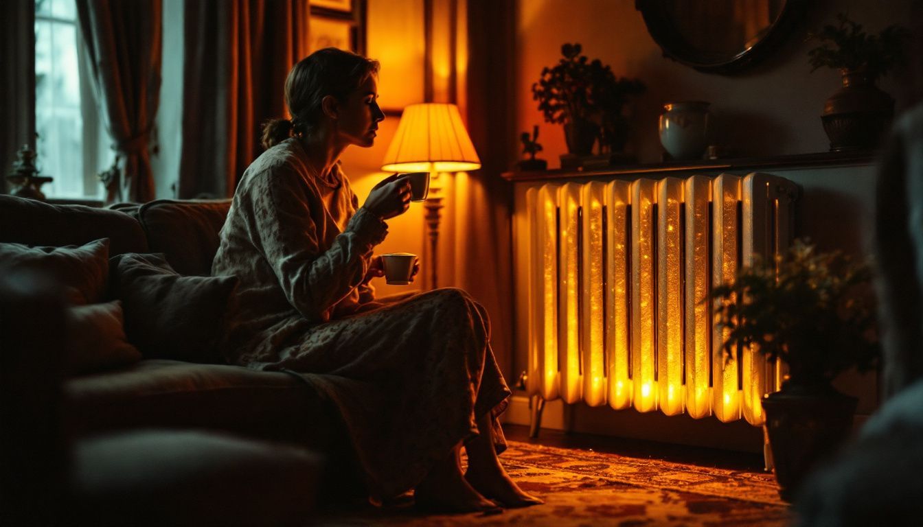 A cosy living room with vintage decor and people enjoying tea.