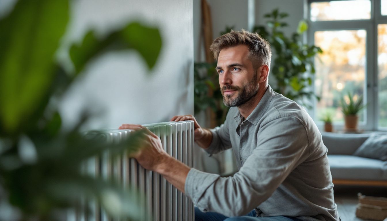 A man installing a modern radiator in an eco-friendly living room.