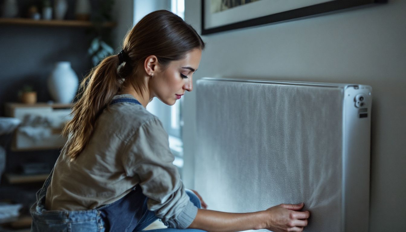 A woman customizing her column radiator in a contemporary living room.