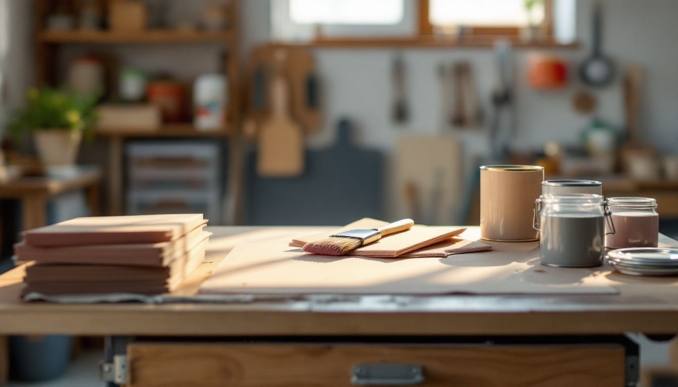 A tidy workshop with organized paint cans, brushes, and sandpaper.