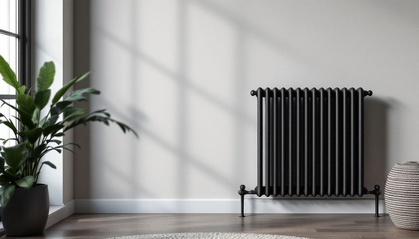 A black anthracite radiator complements a minimalist room with subtle patterns.