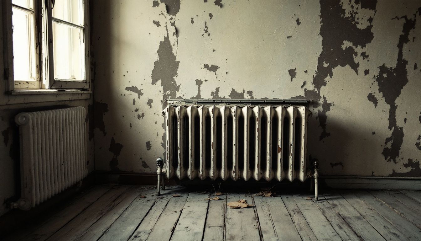 An old radiator with peeling paint adds a rustic touch to a cozy living room.