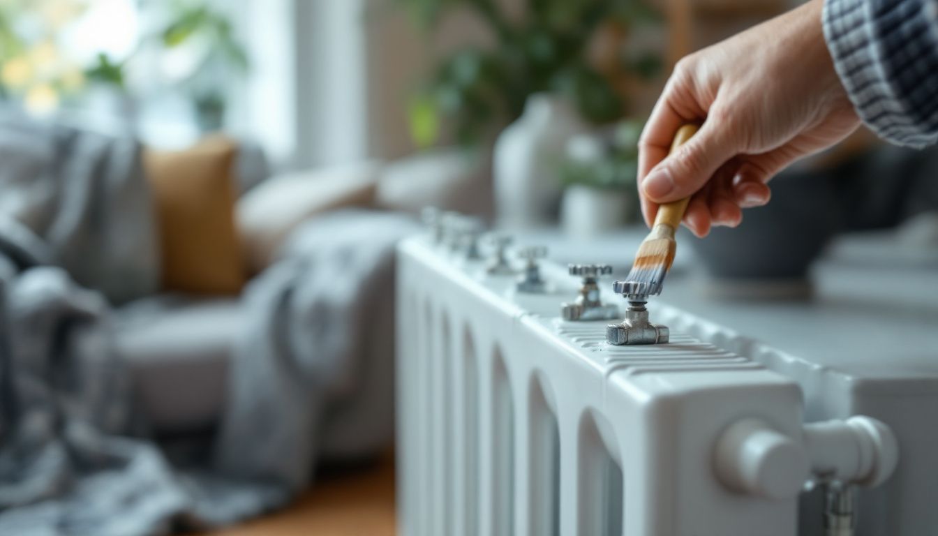 A close-up of a white radiator in a cozy living room.