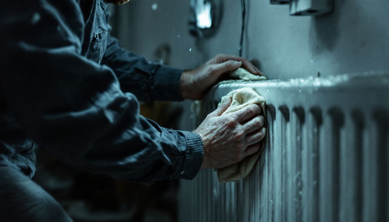 A man in his 40s cleaning a dusty radiator with a damp cloth.