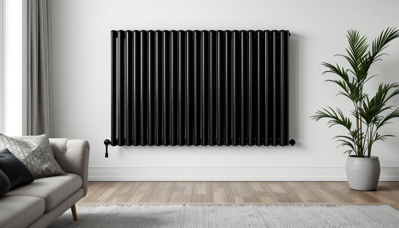 A modern living room with a sleek black radiator on a white wall.