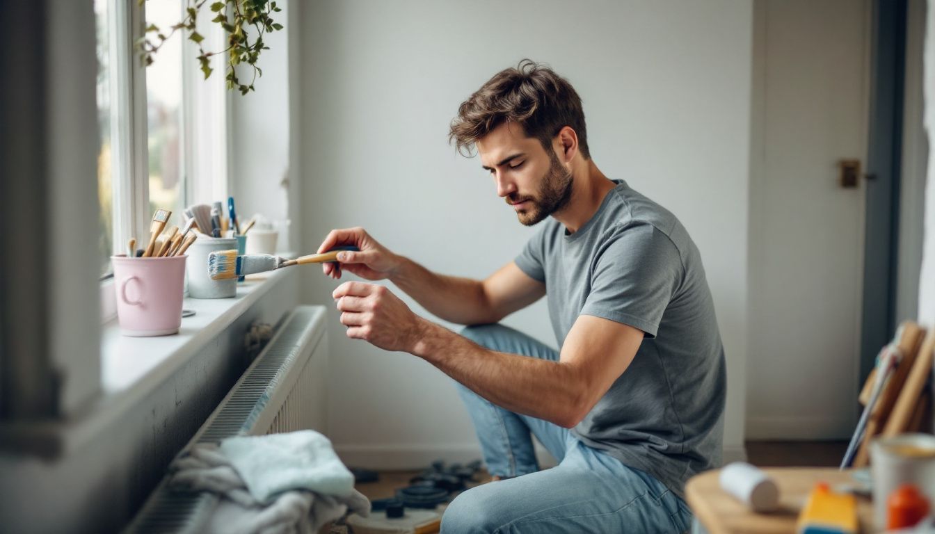 A person in their 30s painting a radiator in a casual room.